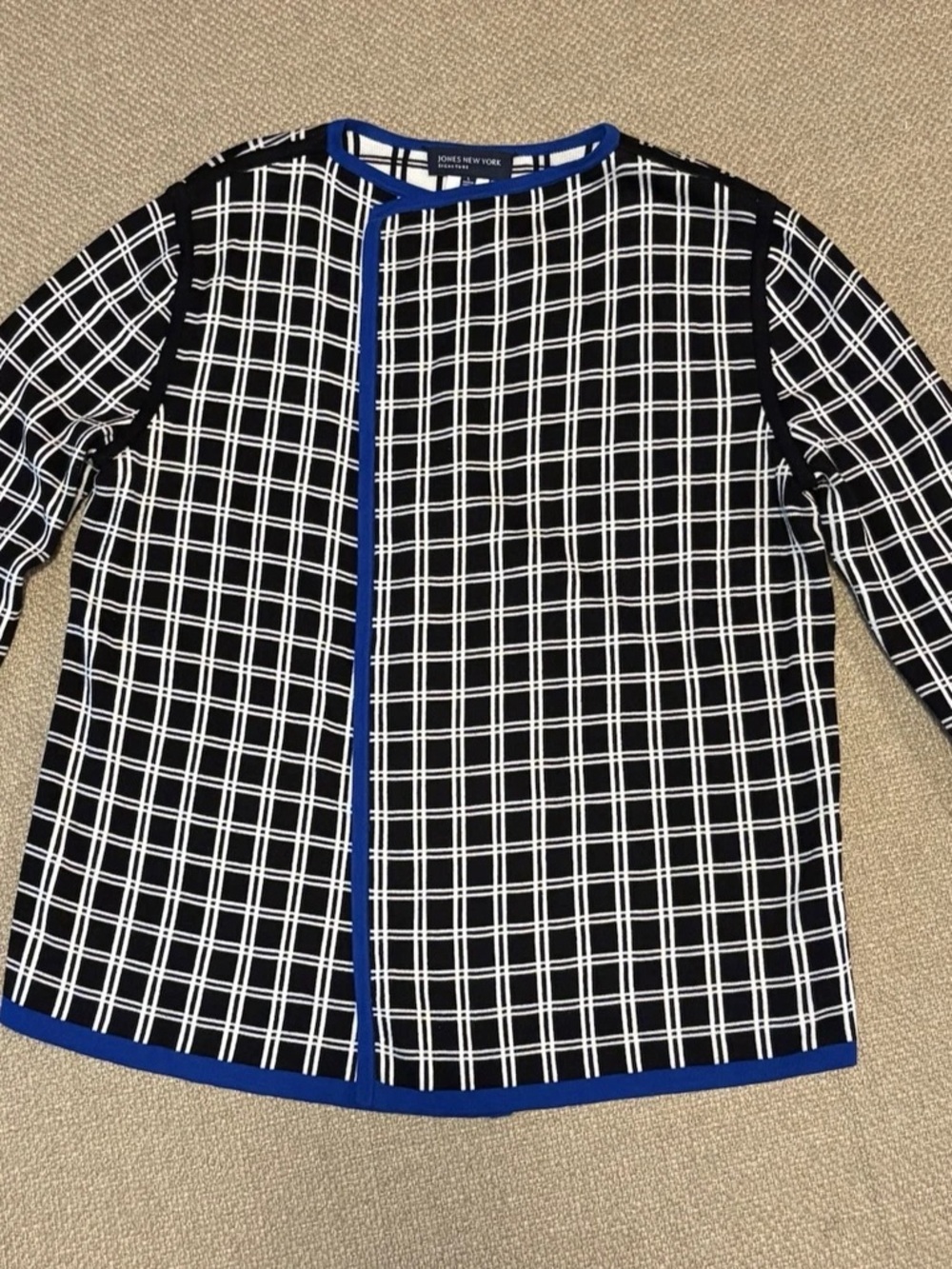 Jones New York Black and White Grid Cardigan with Blue Trim